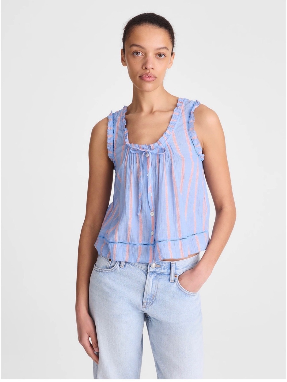 Madewell The Leah Top Blue Pink Stripe Ruffle Sleeveless Blouse Size M NWT